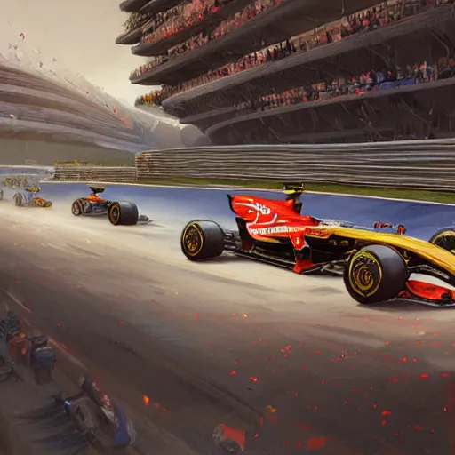 Image similar to formula 1 race, intricate, highly detailed, digital painting, artstation, concept art, smooth, sharp focus, illustration, Unreal Engine 5, 8K, art by artgerm and greg rutkowski and alphonse mucha