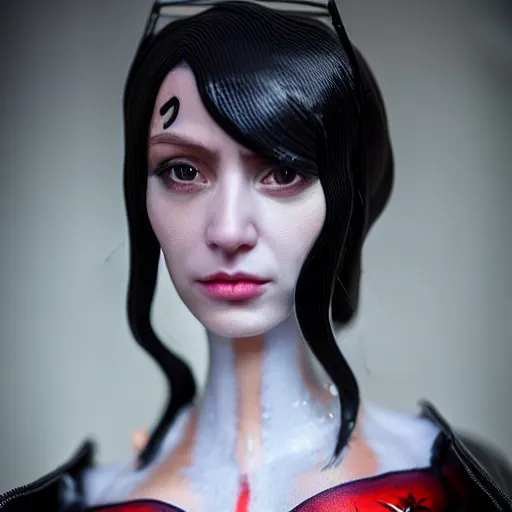 Image similar to ultra realistic painted sculpture of a beautiful cyberpunk woman. waxwork. cinematic makeup. detailed lifelike