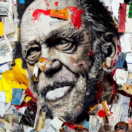 Image similar to hyperrealistic, photorealistic, mixed media oil painting of charles bukowski, magazine scraps, plaster, blood, oil, mustard, cigarettes, splatter, trending on artstation, award - winning painting, greg rutkowski, basquiat, ralph steadman, terry gilliam