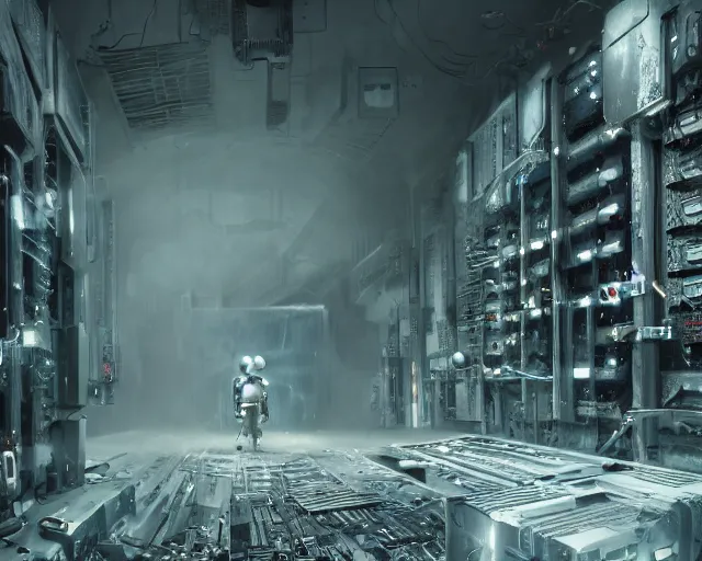 Prompt: blender gloomy colossal ruined server room in datacenter robot figure automata headless drone robot knight welder posing pacing fixing soldering mono sharp focus, emitting diodes, smoke, artillery, sparks, racks, system unit, motherboard, by pascal blanche rutkowski artstation hyperrealism cinematic dramatic painting concept art of detailed character design matte painting, 4 k resolution blade runner