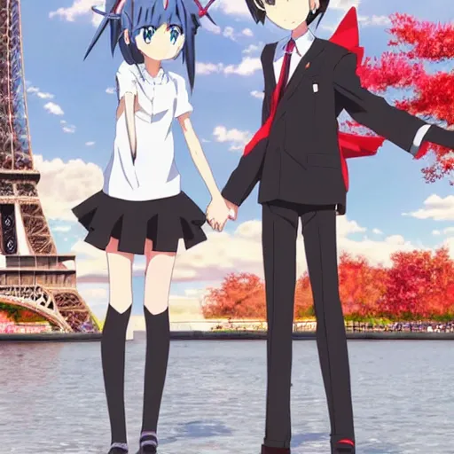 Image similar to Hikigaya Hachiman holding hands with Zero Two in front of the Eiffel Tower, anime style