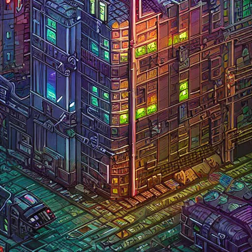 Image similar to mysterious cyberpunk building in the city, fantasy landscape, extremely detailed, sharp focus, pixelart, wide view, digital illustration, by dan mumford, greg rutowski, johan grenier