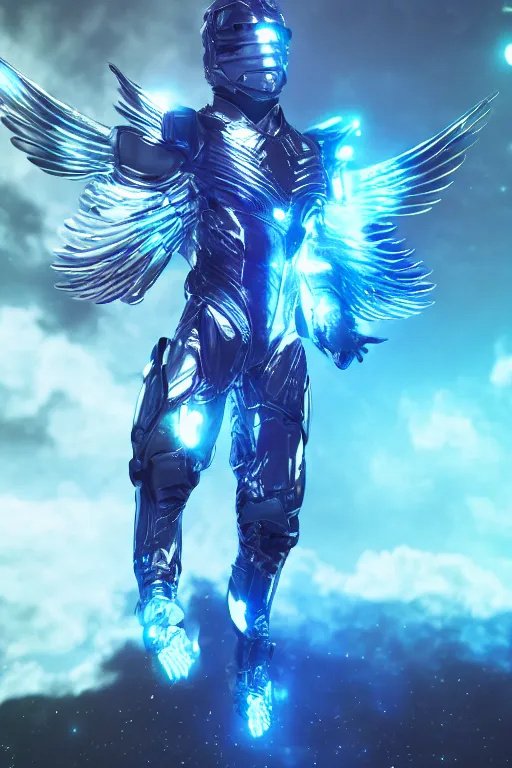 Image similar to full body celestial confident man in futuristic armor, blue glowing double Hummingbird wings, floating in air, beautiful lighting, post processing, ultra realistic details, hyper real, unreal engine 5, octane render, dof