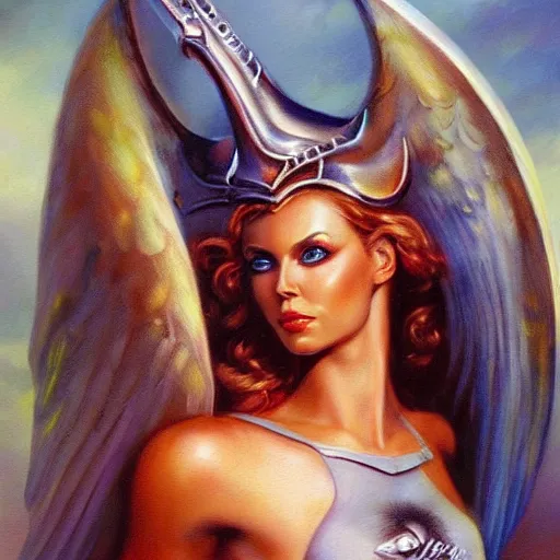 Prompt: portrait of a gorgeous valkyrie by boris vallejo and julie bell, soft details, soft lighting, oil painting, HD, elegant, intricate, masterpiece