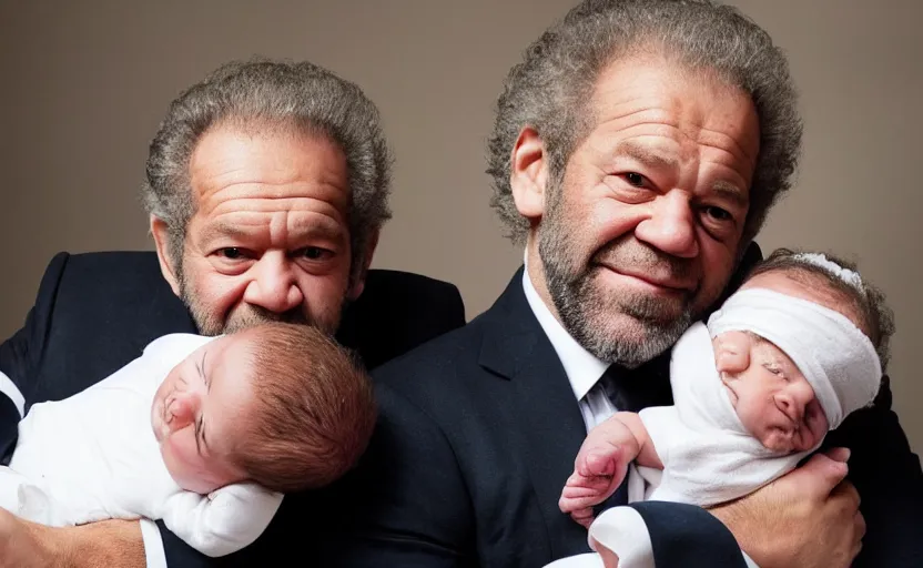 Image similar to alan sugar cradling alan sugar. holding a baby. baby alan sugar. holding in arms. cradling. cradling. happy