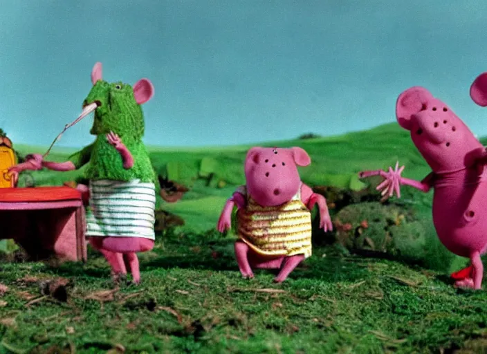 Image similar to a scene from a 1 9 7 0 s british kids tv programme by the bbc and oliver postgate, stop motion animation, the clangers, vhs distortion, folk horror