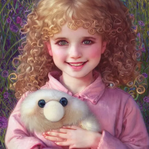 Prompt: a beautiful smiling little [[[blonde toddler]]] girl with short loosely curly hair, at the park on a beautiful day, holding a round all-pink stuffed penguin, by Artgerm, Mucha Klimt, Hiroshi Yoshida and Craig Mullins, featured on Artstation, CGSociety, Behance HD, Deviantart