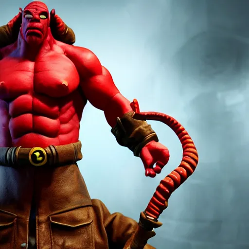 Image similar to realistic full size hellboy with a body made of twizzlers, render, fantasy art, unreal engine, 8 k