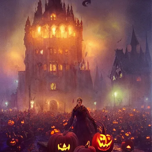 Image similar to halloween festival with colorful fireworks, 8 k octane beautifully detailed render, post - processing, extremely hyper - detailed, intricate, epic composition, cinematic lighting, masterpiece, trending on artstation, masterpiece, stunning art by anders zorn, wonderful masterpiece by greg rutkowski, beautiful cinematic