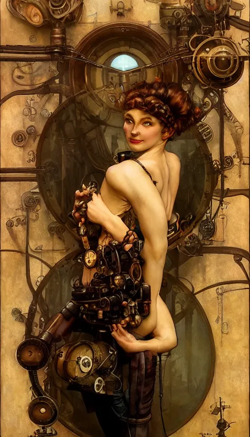 Image similar to hyper realistic photographer looking through camera, magical, steampunk, painted by norman rockwell, tom bagshaw, mucha, gaston bussiere, craig mullins, j. c. leyendecker 8 k