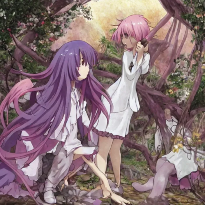 Image similar to magical girl Madoka Kaname giving jesus christ some advice in the garden of gethsemane, trending on pixiv