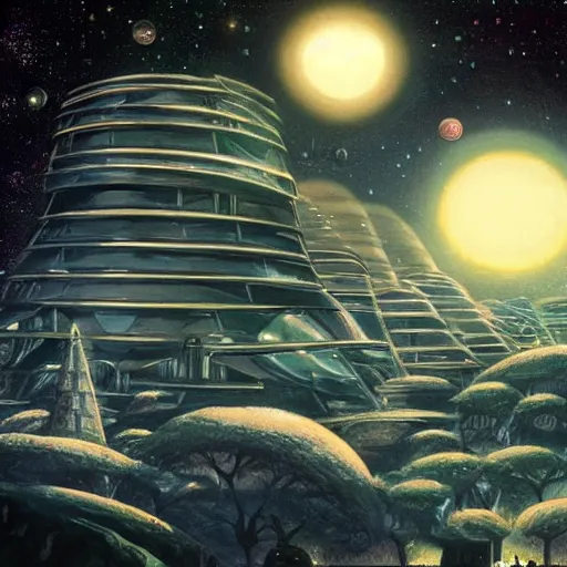 Image similar to a futuristic crystal city with elves. the milky way is in the sky. highley detailed