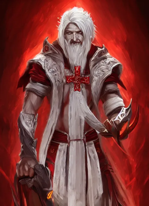 Image similar to a highly detailed illustration of white haired african priest, wearing cross on robe, wielding red blades made of blood, evil standing smiling pose, muscular, intricate, elegant, highly detailed, centered, digital painting, artstation, concept art, smooth, sharp focus, league of legends concept art, WLOP