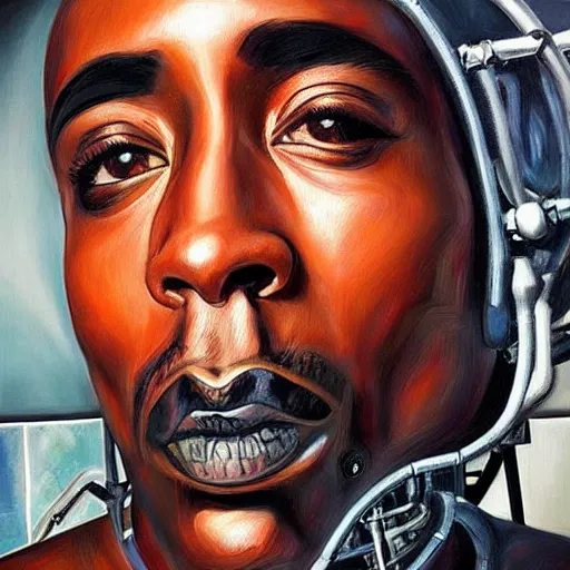 Image similar to a realistic oil painting of tupac shakur as a cybernetic cyborg, surrealism portrait, surrealism album cover