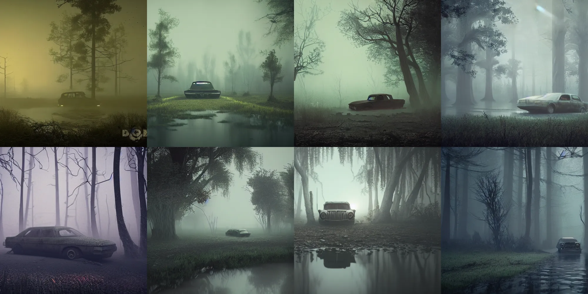 Image similar to beautiful dark creepy foggy swamp landscape, old abandoned car sinking, in the style of beeple and Mike Winkelmann, intricate, epic lighting, cinematic composition, hyper realistic, 8k resolution, unreal engine 5,