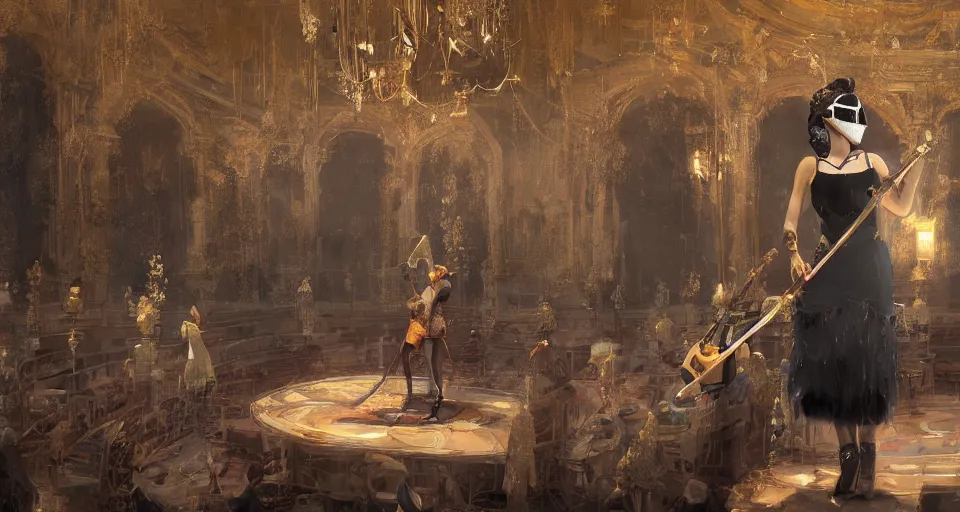 Image similar to craig mullins and ghibli digital art of on the stage of the theater, a masked female violinist performs alone, dressed in exotic costumes, gold jewelry, and black hair realistic shading, cinematic composition, realistic render, octane render, detailed textures, photorealistic, wide shot