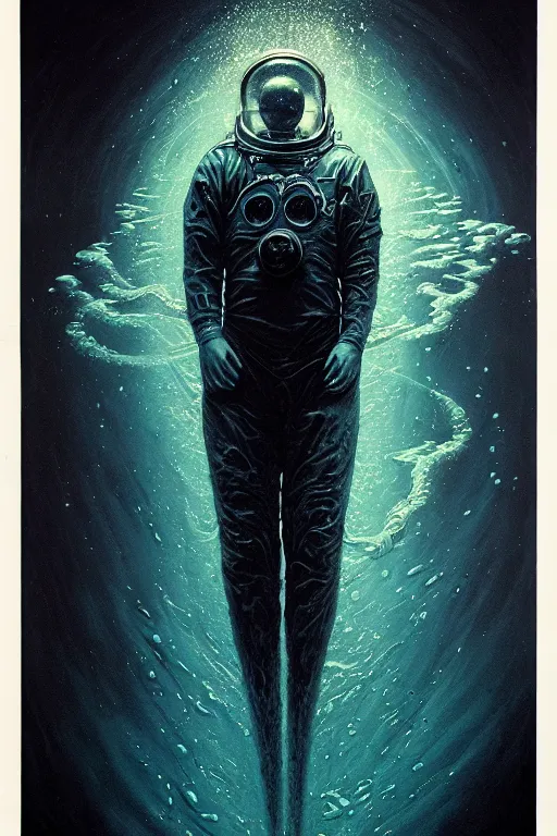 Image similar to close up shot of a full body floating astronaut portrait water elemental fading into water, high contrast, james gurney, peter mohrbacher, mike mignola, black paper, mandelbulb fractal, trending on artstation, exquisite detail perfect, large brush strokes, bold colors, intricate ink illustration, black background