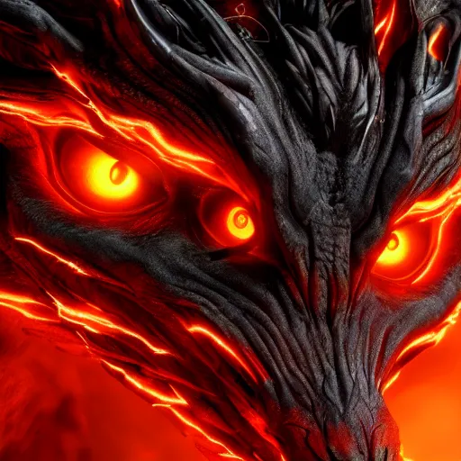 Image similar to portrait of the most fierce dragon ever, burning red eyes, photorealistic, intense lighting, unreal engine