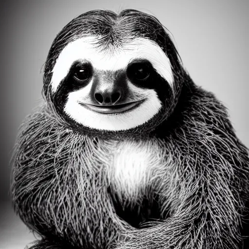 Image similar to black and white studio portrait photo of a cute sloth