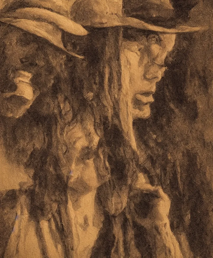 Image similar to character study, moody ronin in a straw hat, dark lighting, unsettling, renaissance painting, intricate details