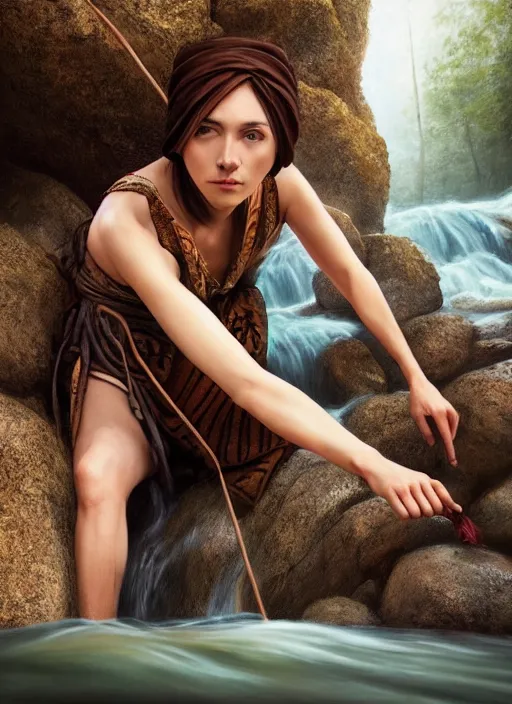Prompt: photo of a gorgeous old young woman dressed as a man, climbing a river in tribal mountains the style of stefan kostic, realistic, sharp focus, 8k high definition, insanely detailed, intricate, elegant, art by stanley lau and artgerm