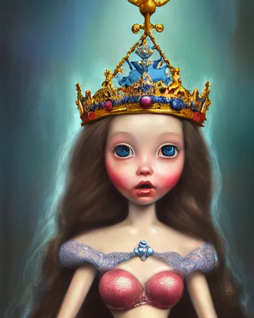 Prompt: closeup profile portrait of a tin toy fairytale princess wearing a crown and sitting on a throne, bikini, hyper realistic, artstation, illustration, concept art by nicoletta ceccoli, mark ryden, lostfish, dan decarlo, bob clampett, max fleischer, digital paint, matte paint, washed colors, dark, gloomy, detailed and intricate environment