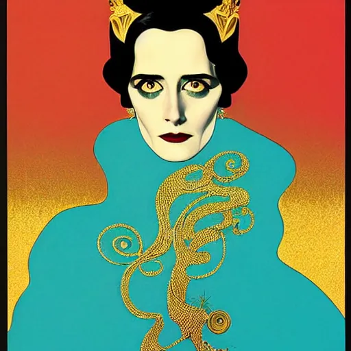 Prompt: turquoise and gold and black portrait of the young actress, eva green as queen of the emerald dead, comic art by joshua middleton, art by coles phillips, tendrils, vamp, elegant, decadent, stylised comic art, klimt, mucha, 1 9 7 0 s poster,