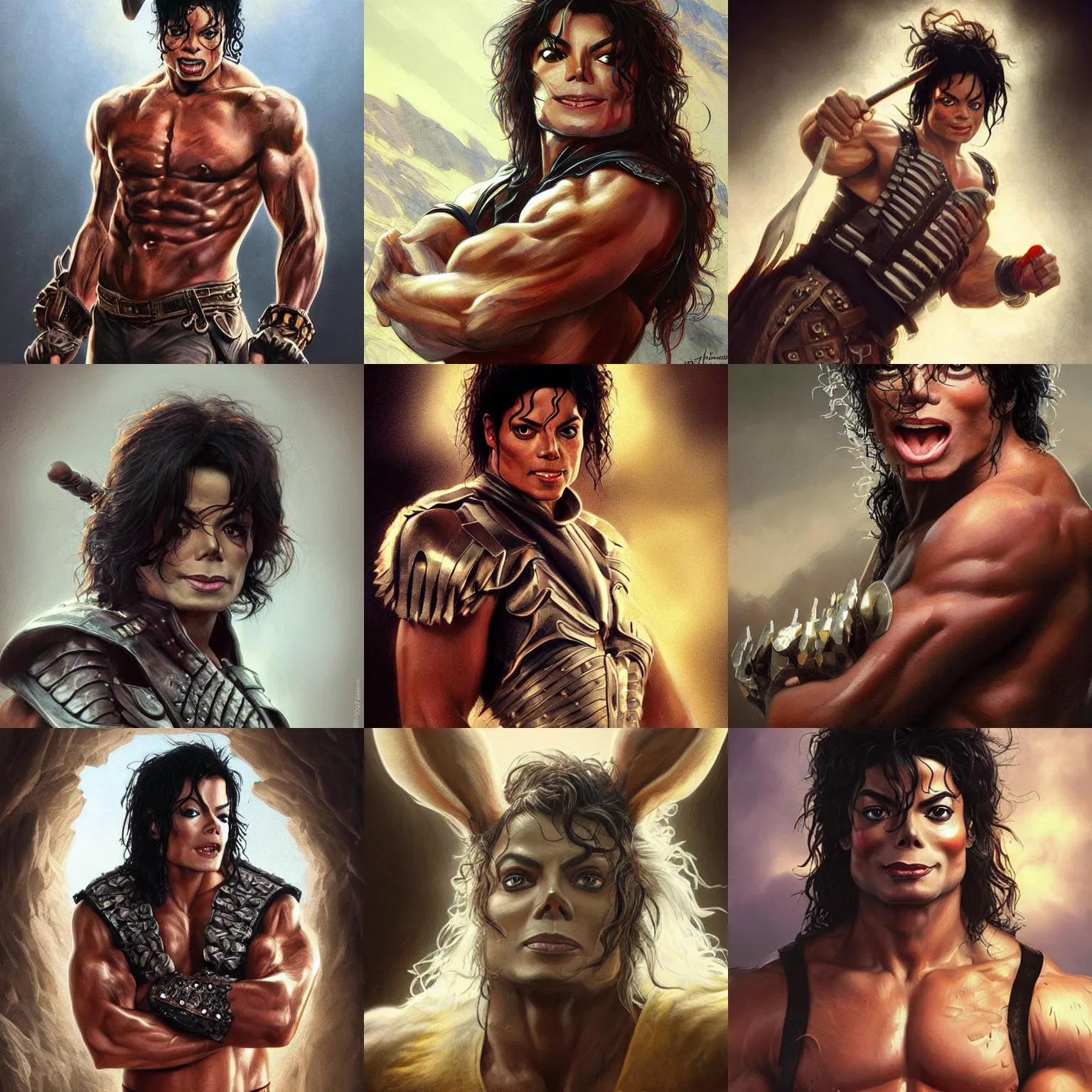 Prompt: michael jackson! rabbit ears!!! very close portrait of angry rugged barbarian, muscular, upper body, 👅 👅 , D&D, fantasy, intricate, elegant, highly detailed, digital painting, artstation, concept art, smooth, sharp focus, illustration, art by artgerm and greg rutkowski and alphonse mucha