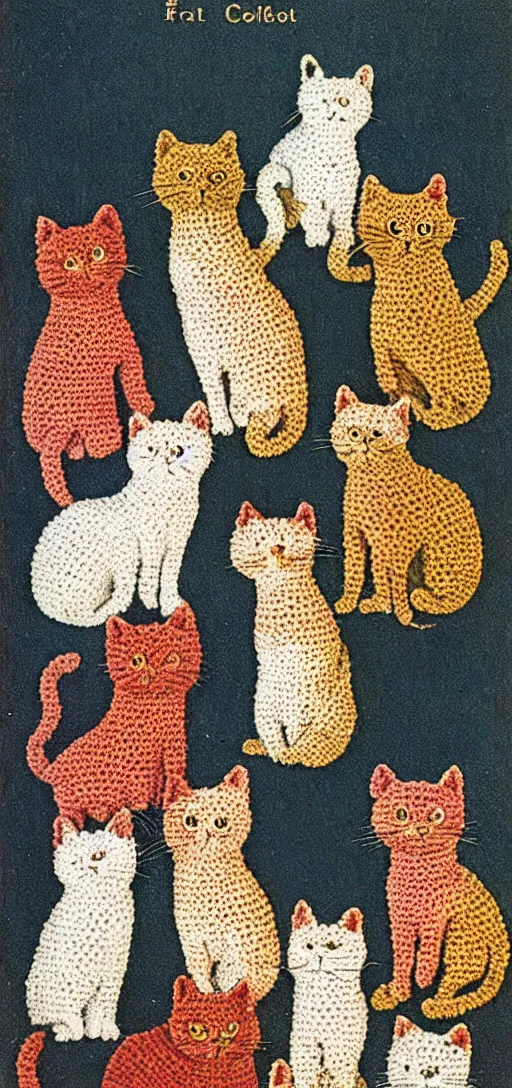 Prompt: multicolored crocheted cats, 1 9 1 0 s catalogue photo,