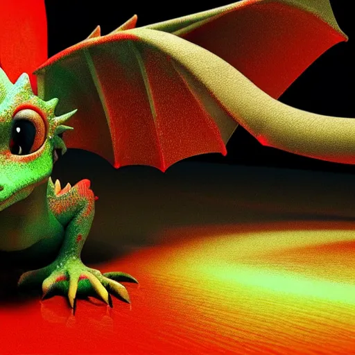 Image similar to “ baby dragon, red with yellow eyes, blender 3 d image, smooth, high quality, blue floor, 8 k ”