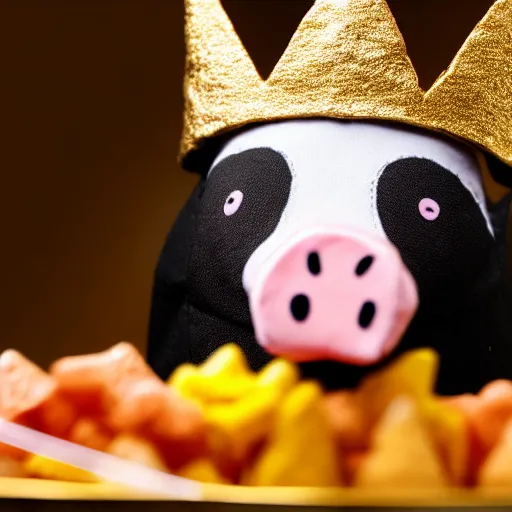 Image similar to photo of puppet pig wearing a gold crown holding snack bags 8k resolution, award winning, realistic, cinematic concept art