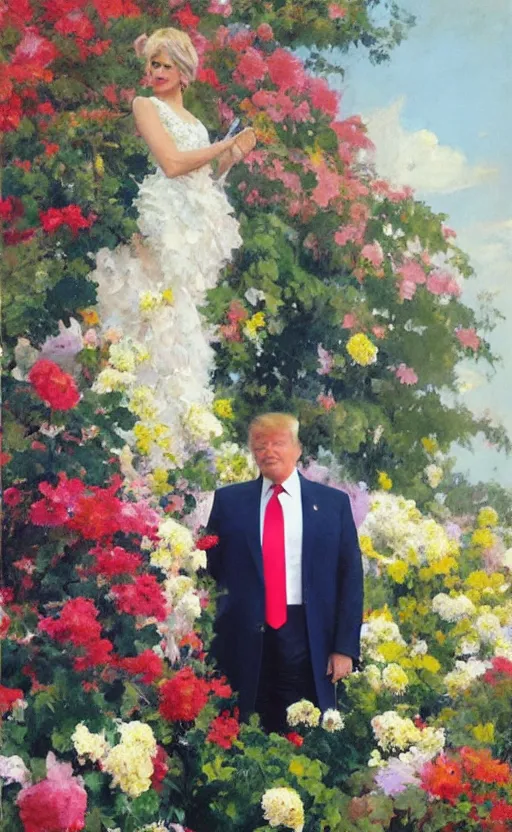 Prompt: romantic portrait of donald trump in an elegant dress surrounded by beautiful flowers, by gregory manchess, james gurney, james jean