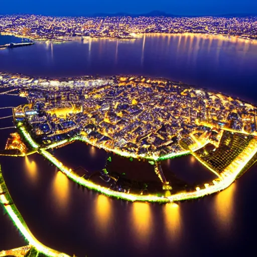 Image similar to beautiful japanese city at night time, bird eye, side view, sea, lake, moon, bloom, shiny light, realistic,