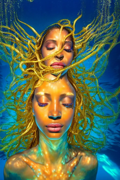 Prompt: hyperrealistic futurist full body cinematic very expressive! translucent oshun goddess underwater scene, gold jewerly, highly detailed face, digital art masterpiece, smooth eric zener cam de leon, dramatic pearlescent turquoise light on one side, low angle uhd 8 k, shallow depth of field