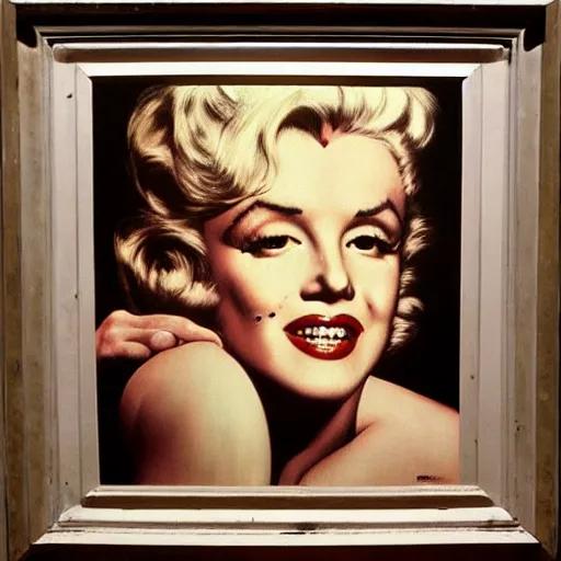 Image similar to Marilyn Monroe on a bench at the park, head and shoulders portrait, extremely detailed masterpiece, Roger Deakin’s cinematography, oil on canvas, Norman Rockwell.