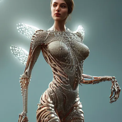 Image similar to full body detailed, ethereal, biomechanical, covered in diamonds and other gems glowing, highly detailed face, elegant posed, intricate, extremy detailed, beeple, cgsociety, 3 d unreal engine octane render. cinematic lighting, highly detailed 4 k art