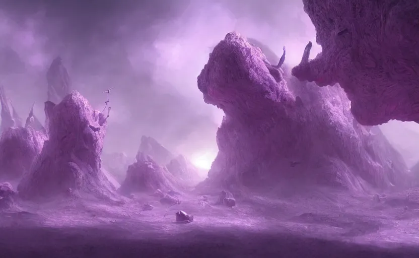 Image similar to matte painting of ant aliens, trending in artstation, purple color lighting