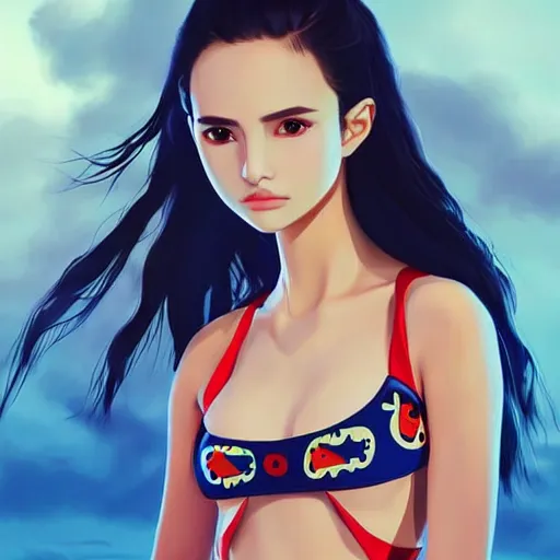 Image similar to a beautiful young japanese natalie portman alluring gravure model, stylized concept art, wearing elegant designer bomber jacket and one piece bikini, bomber jacket with mesoamerican patterns, mesoamerican native street fashion, princess mononoke, painted by ilya kuvshinov aesthetic, gorgeous, stunning, alluring, attractive, artstation, pinterest, digital art