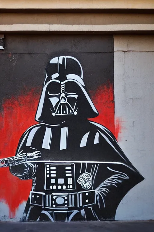 Image similar to darth vader graffiti art on the wall of a cantina on tatooine