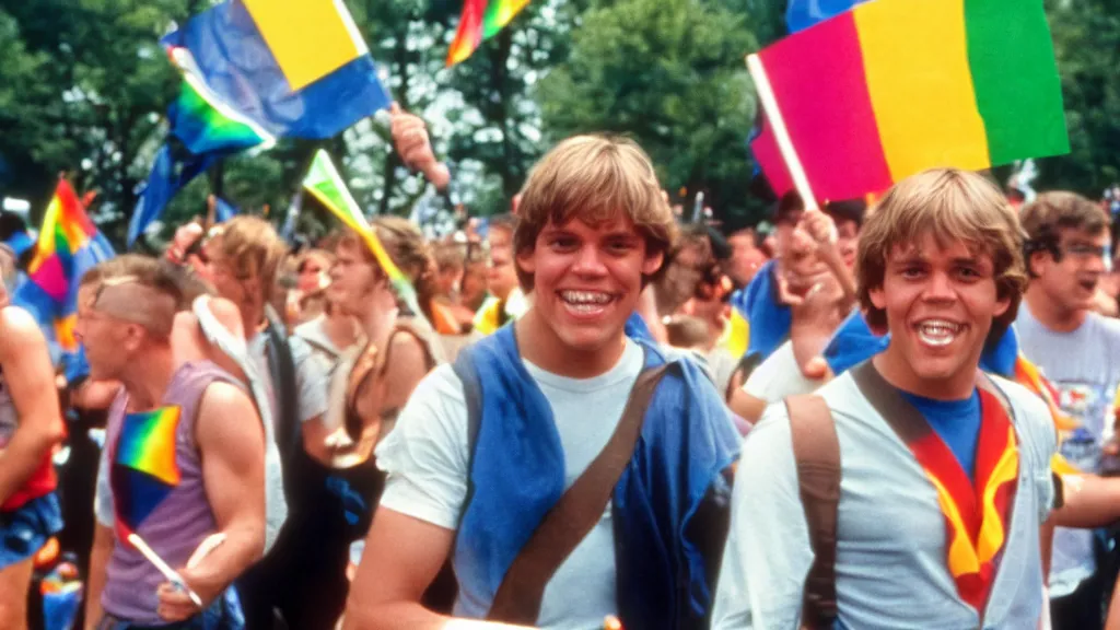 Image similar to rotj luke skywalker goes to pride, getty images, victorious, flags, parade, gay rights, bright smiles, daylight, twenty three year old luke skywalker at gay pride, 3 5 mm photography, very happy, smiling