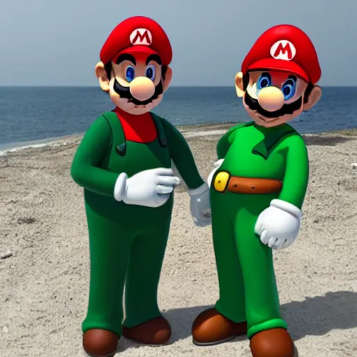 Image similar to Mario and Luigi, cleaning up the gulf oil spill with the help of The mexican military