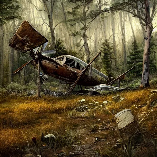 Image similar to an old plane crashed on a hill, there is a forest in the background, texture, intricate, details, highly detailed, masterpiece, architecture, building, trending on artstation, focus, sharp focus, concept art, digital painting, fantasy, sunny, day, midday