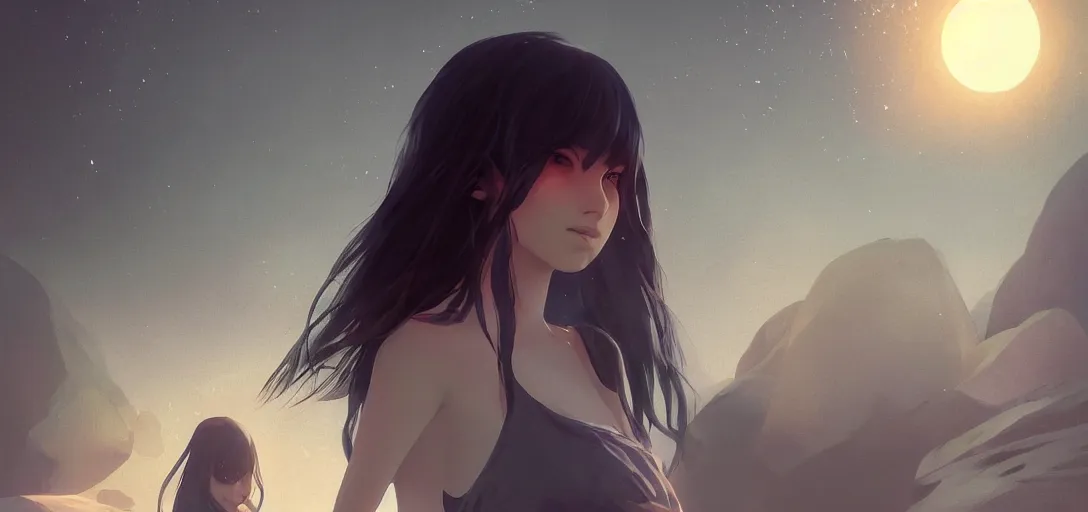 Image similar to Young Himalayan woman floating psychically confused | night time scene, plain walls |light hearted, white eyes, long messy hair | gentle lighting, futuristic, dim lighting, digital art by Makoto Shinkai ilya kuvshinov and Wojtek Fus, digital art, concept art,