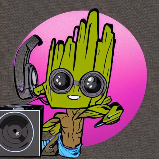 Image similar to svg sticker of a Pop-Wonder Groot-Marvel-Avenger at a rave, spinning records, giant headphones rocking out, wearing headphones, huge speakers, dancing, rave, DJ, spinning records, digital art, amazing composition, rule-of-thirds, award-winning, trending on artstation, featured on deviantart