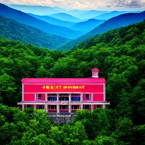 Image similar to Symmetric Wes Anderson film still in the Great Smoky Mountains without people. Establishing shot. Architecture. 8k resolution. Pastel. Sharp. Whimsical. Symmetry. Stunning.