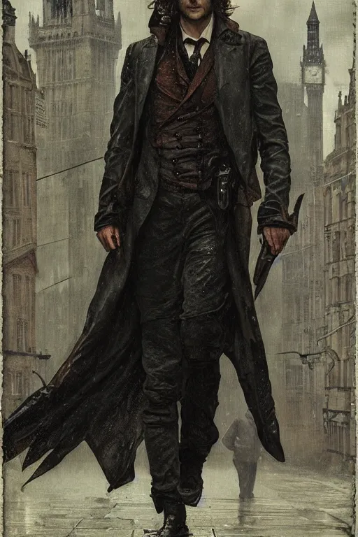 Image similar to a detailed matte portrait of jared padalecki in a supernatural sherlock holmes story, 1 8 th century london in the rain, city streets, ominous, masterpiece, 8 k, art by alphonse mucha and greg rutkowski