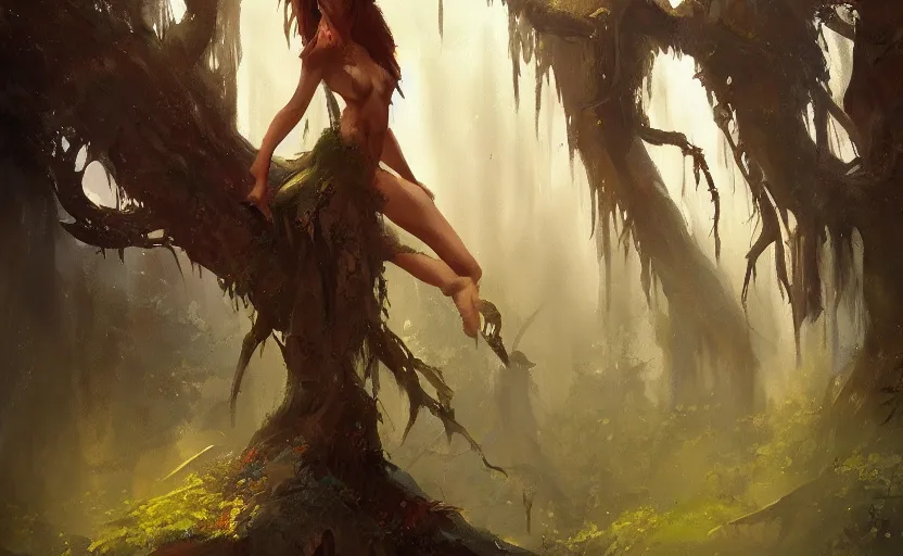 Prompt: A painting of a Dryad trending on artstation in the style of Greg Rutkowski