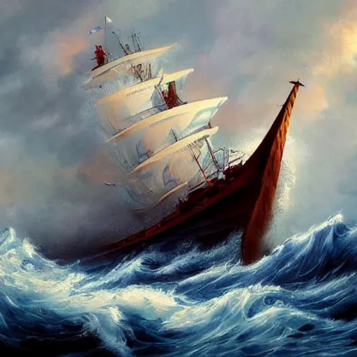 Prompt: sea storm, whirlpool!, epic painting, wooden ship, highly detailed, hd, deep colors, artstation, dark painting