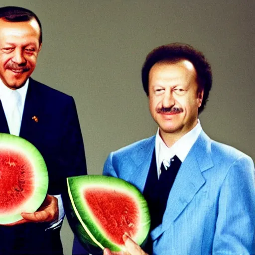 Image similar to recep tayyip erdogan smiling holding watermelon for a 1 9 9 0 s sitcom tv show, studio photograph, portrait c 1 2. 0