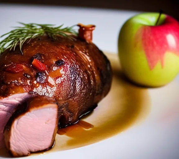 Prompt: roast pig dish with apple in the mouth. highly detailed 8 k. intricate. nikon. award winning photography.